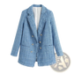 Women's Double Breasted Light Blue Textured Tweed Blazer