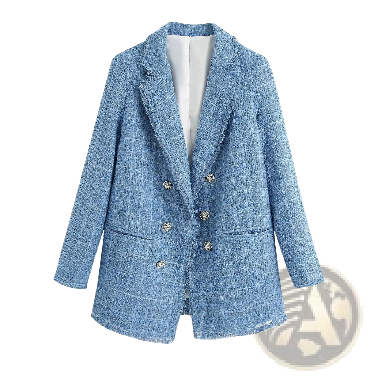 Women's Double Breasted Light Blue Textured Tweed Blazer