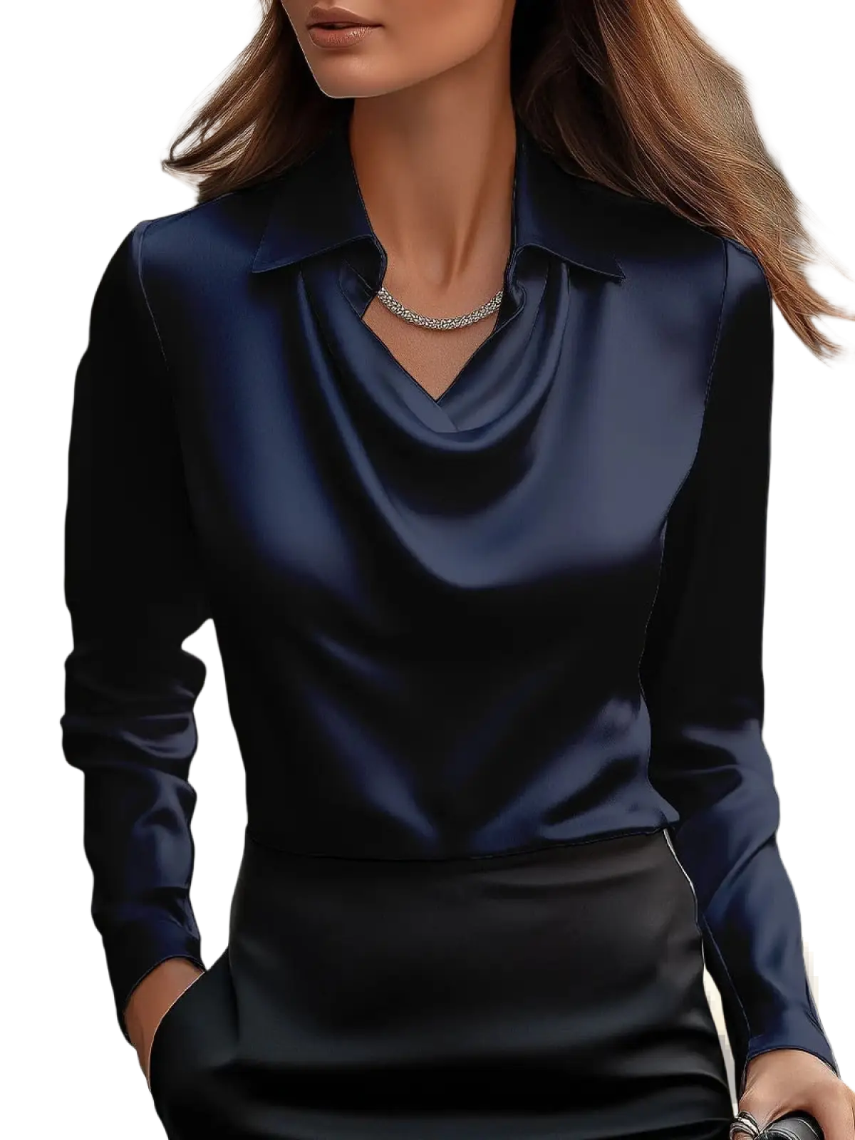 Women's Elegant Cowl Neck Satin Long Sleeve Blouse