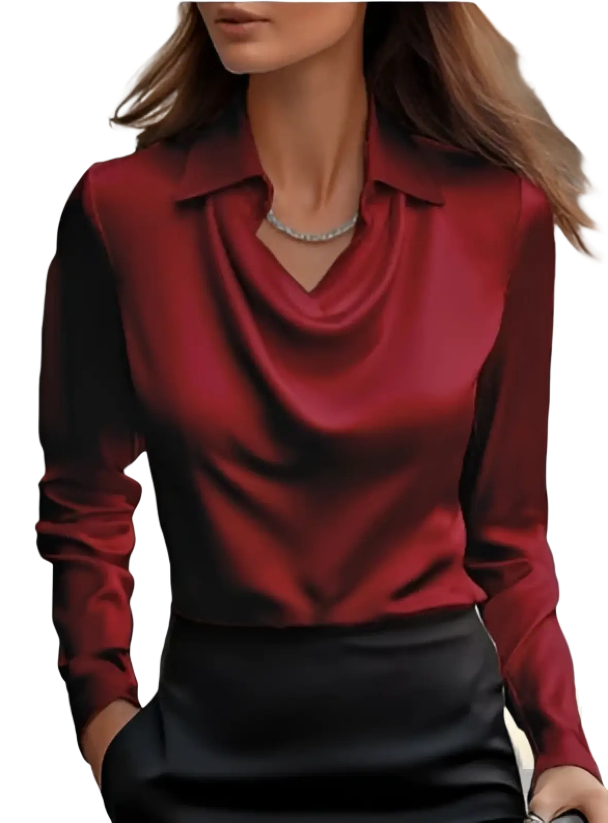 Women's Elegant Cowl Neck Satin Long Sleeve Blouse