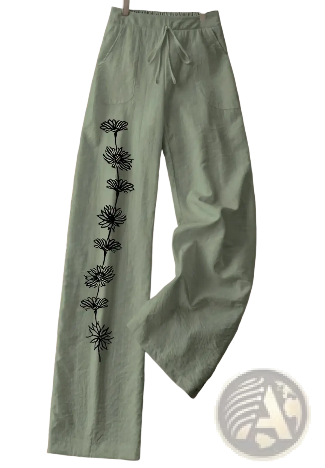 Women's Floral Print Cotton Linen Wide Leg Trousers