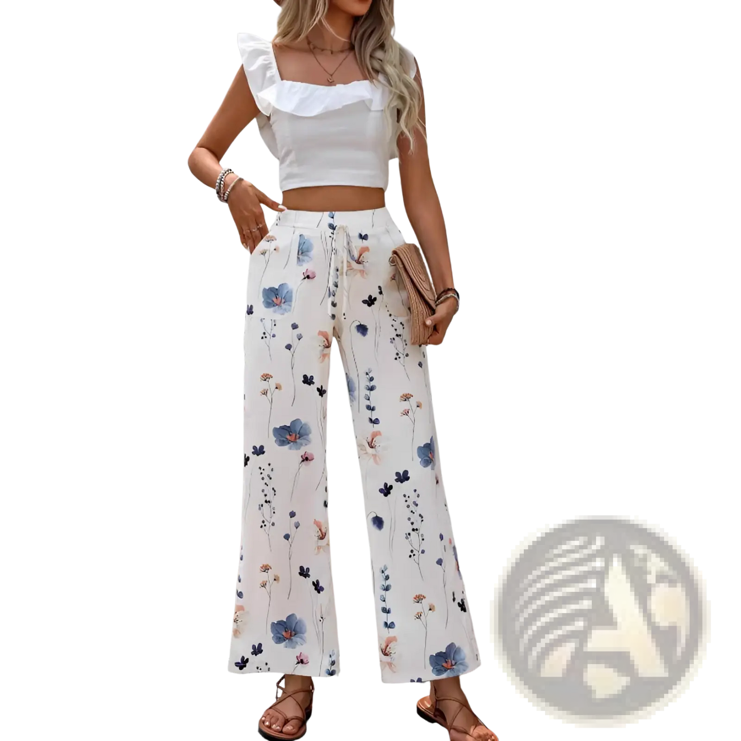 Women's Floral Print Cotton Linen Wide Leg Trousers