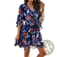 Women's Floral V-neck Ruffle Dress with Waist Tie