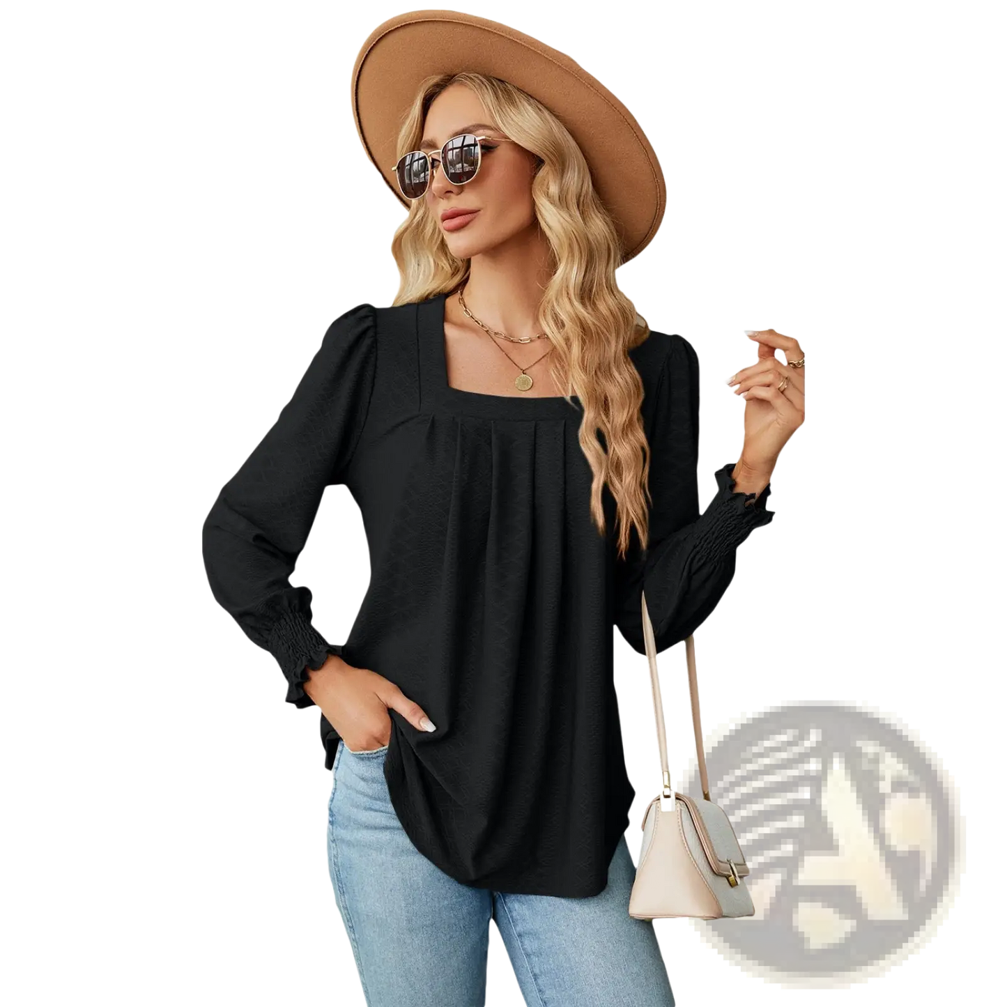 Women's Jacquard Square Neck Pleated Swallowtail Blouse