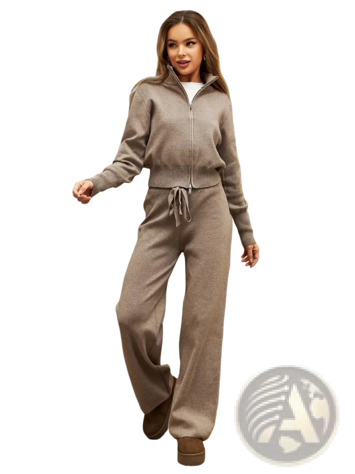 Women's Knit Zip Up Cardigan and Wide Leg Pant Set