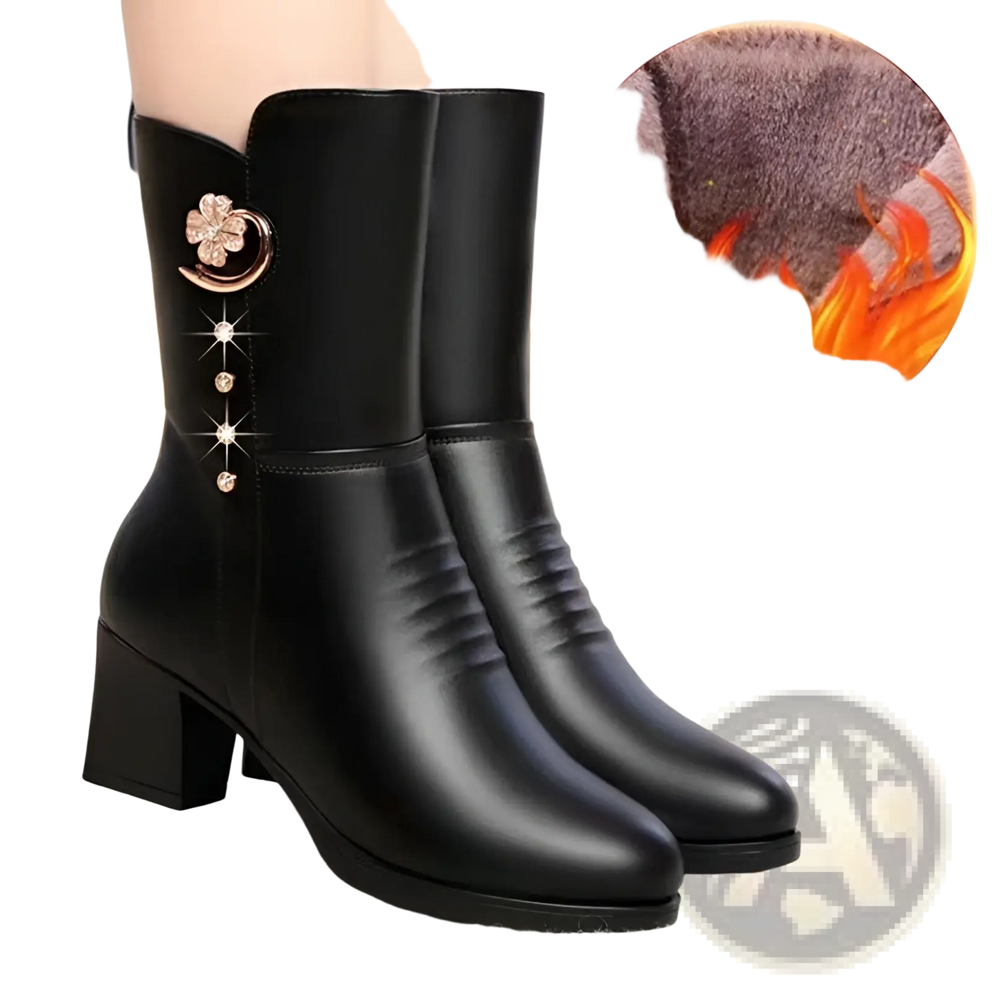 Women's Leather Martin Boots with Floral Brooch