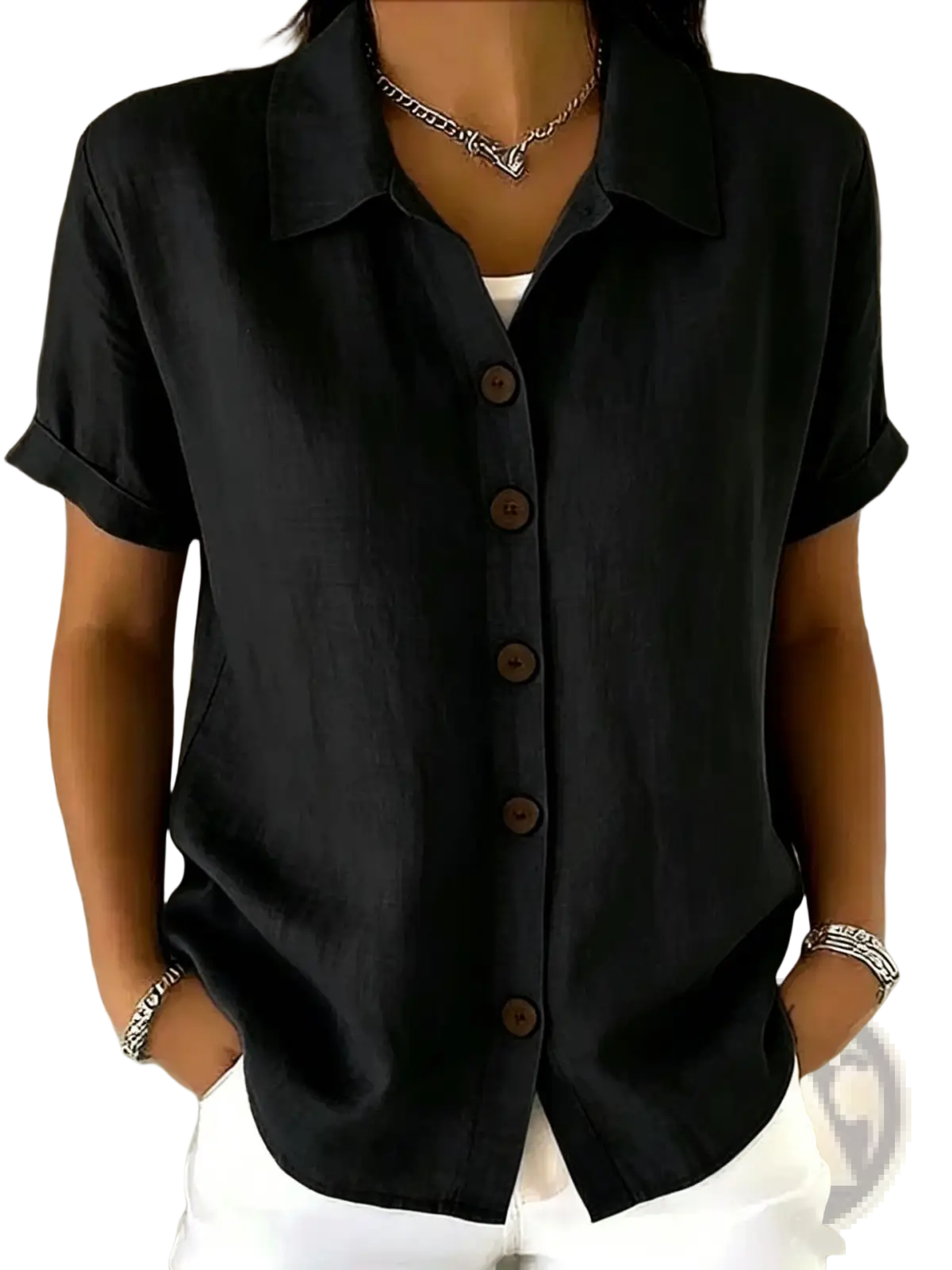 Women's Linen Blend Rolled Cuff Short Sleeve Shirt