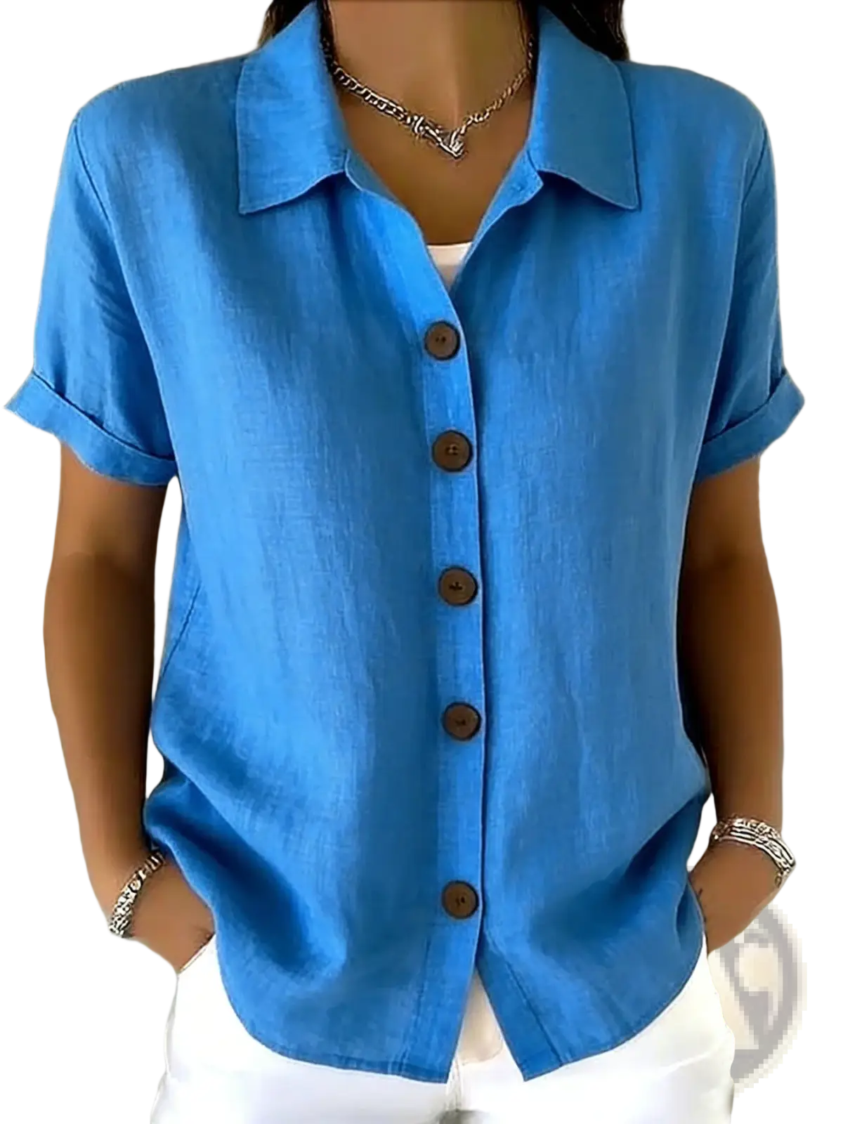Women's Linen Blend Rolled Cuff Short Sleeve Shirt