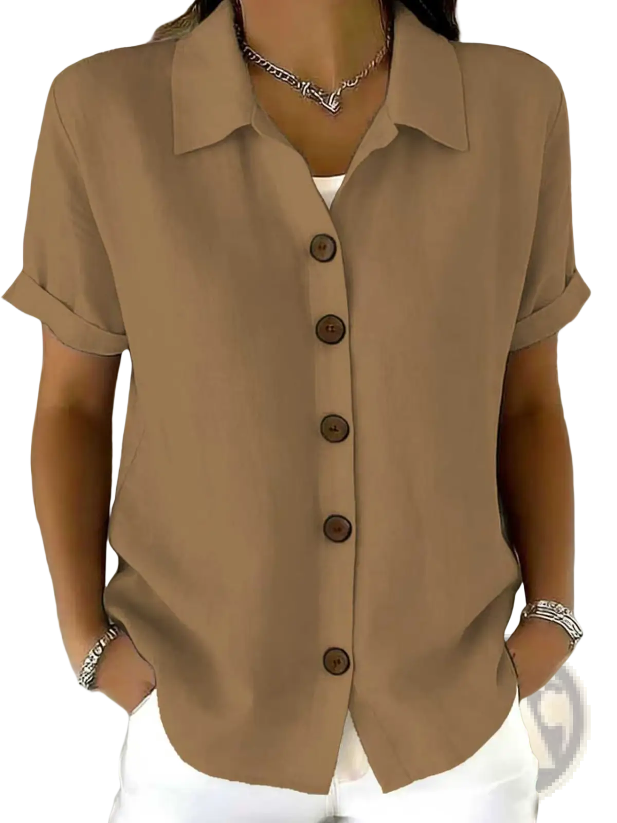 Women's Linen Blend Rolled Cuff Short Sleeve Shirt
