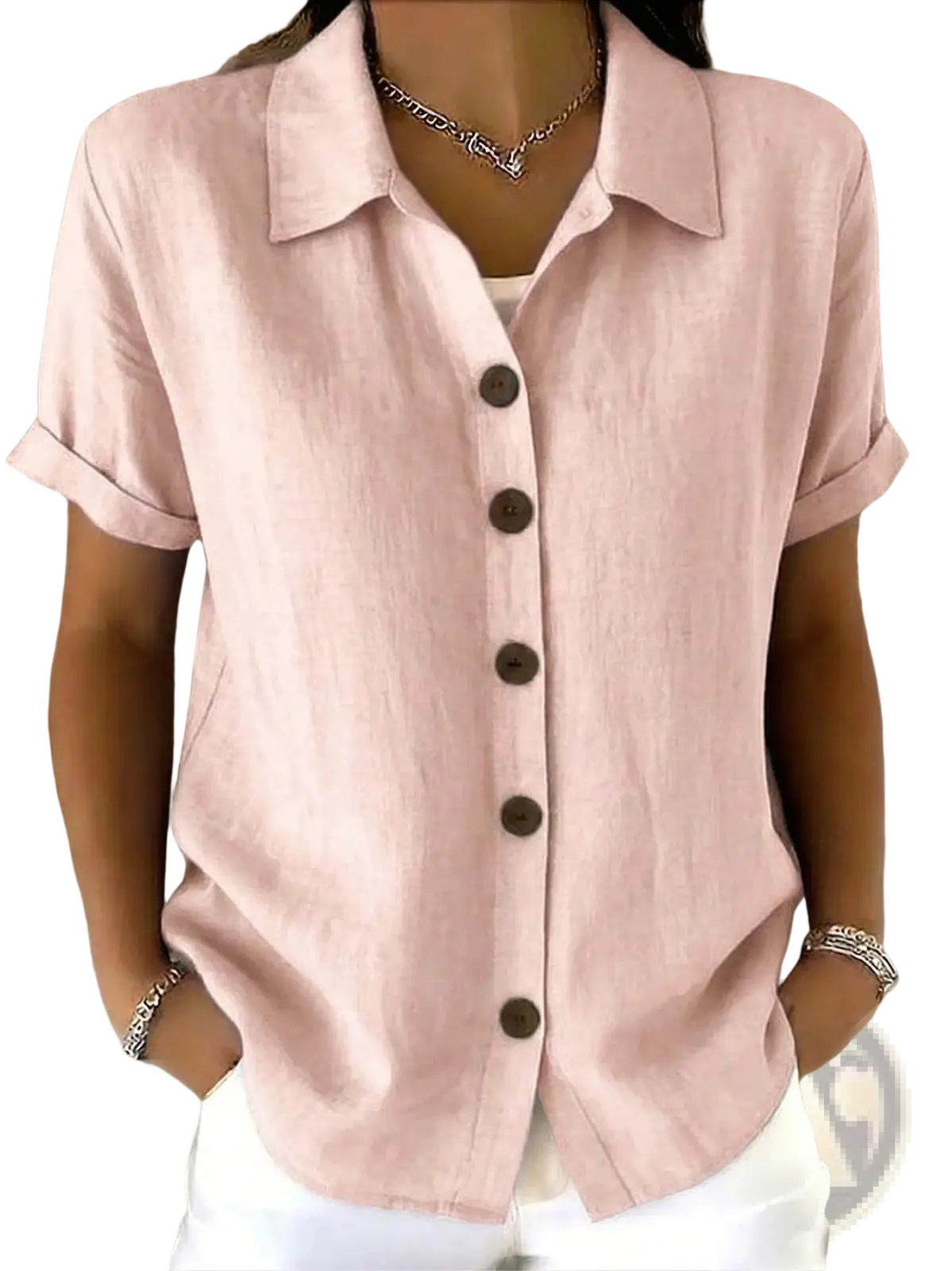 Women's Linen Blend Rolled Cuff Short Sleeve Shirt