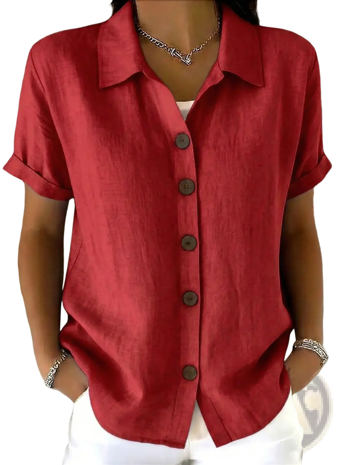 Women's Linen Blend Rolled Cuff Short Sleeve Shirt