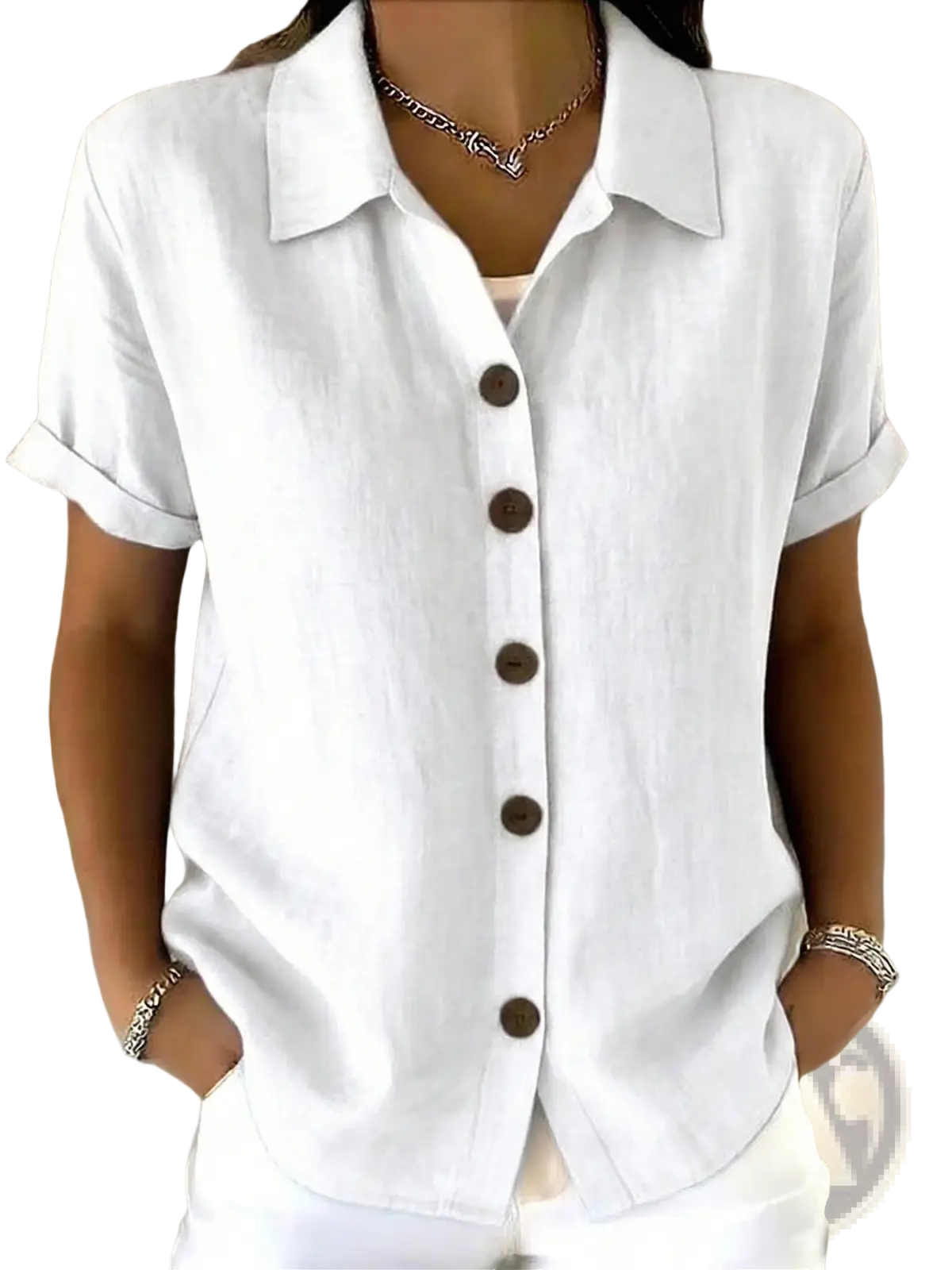 Women's Linen Blend Rolled Cuff Short Sleeve Shirt