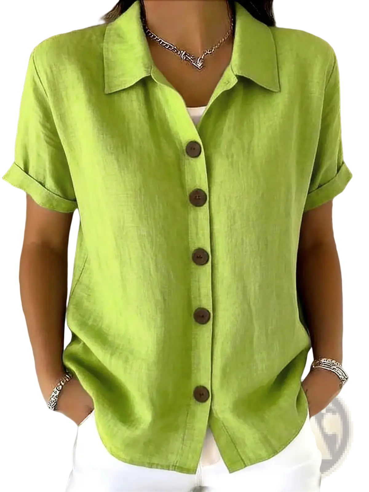 Women's Linen Blend Rolled Cuff Short Sleeve Shirt