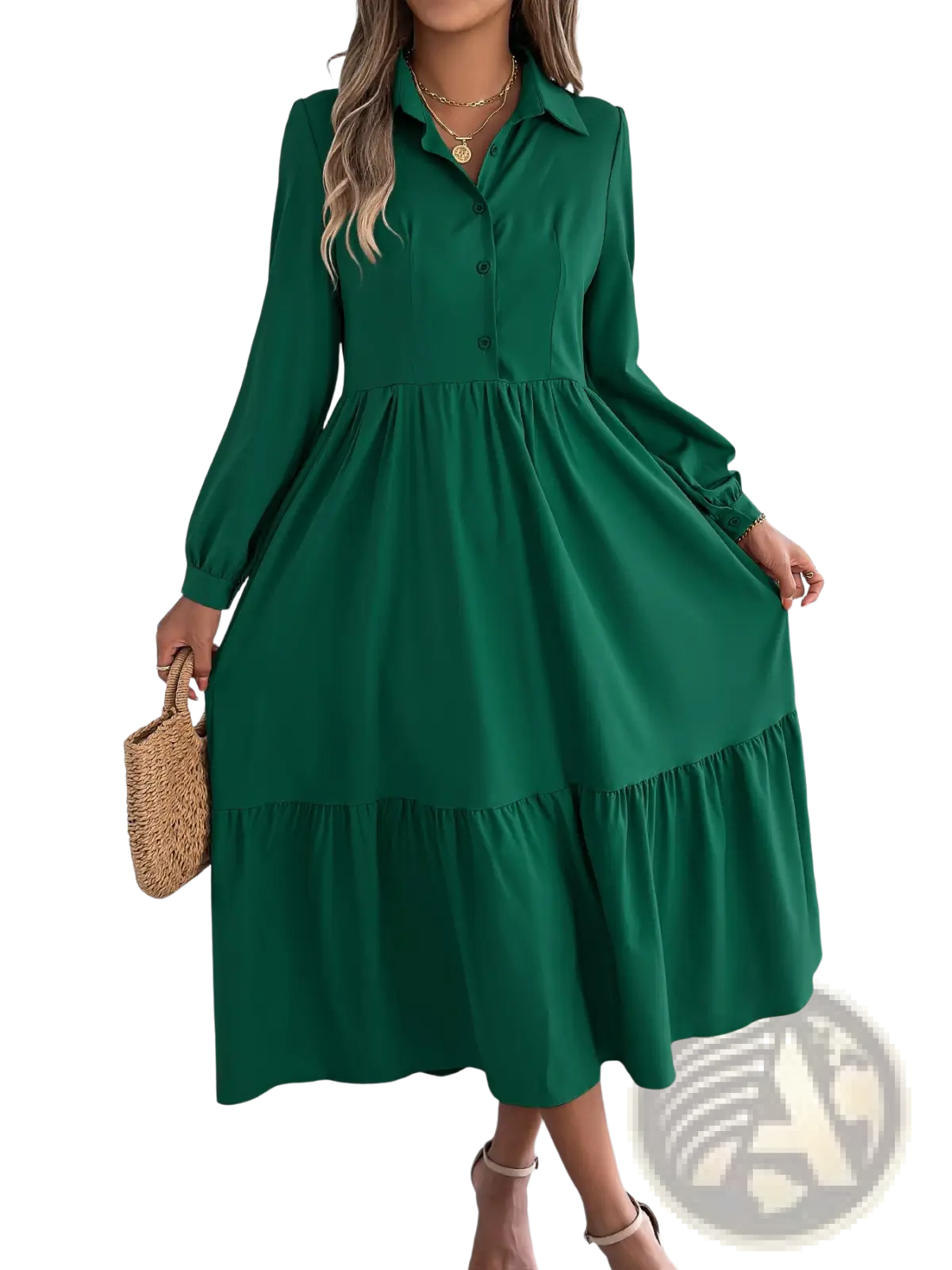 Women's Long Sleeve Tiered Button Down Midi Dress