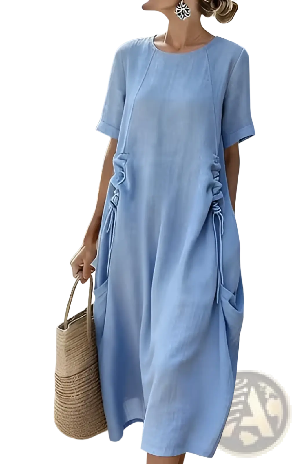 Women's Loose Linen Short Sleeve Midi Beach Dress
