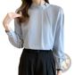 Women's Loose Satin Blouse with Pearl Button Accents