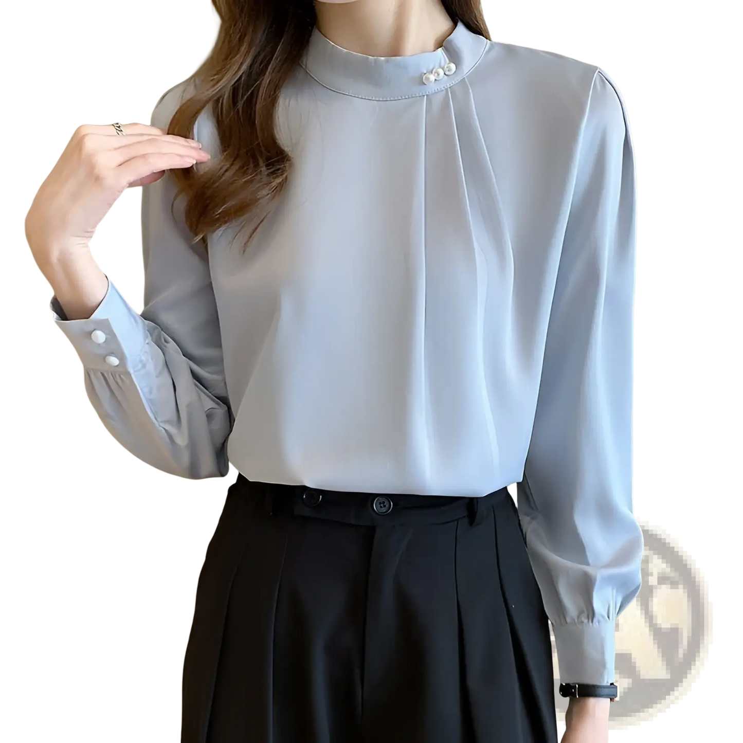 Women's Loose Satin Blouse with Pearl Button Accents
