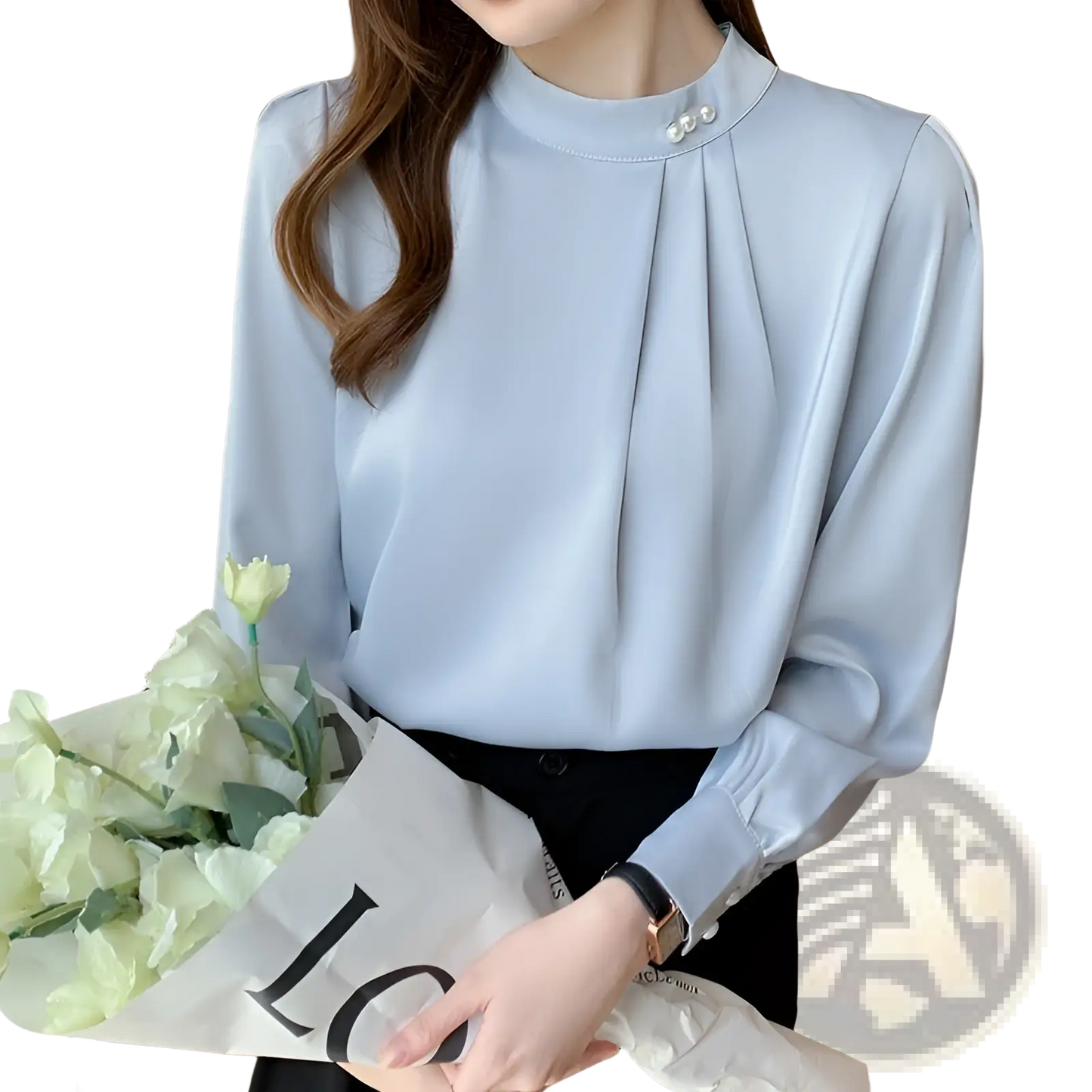 Women's Loose Satin Blouse with Pearl Button Accents