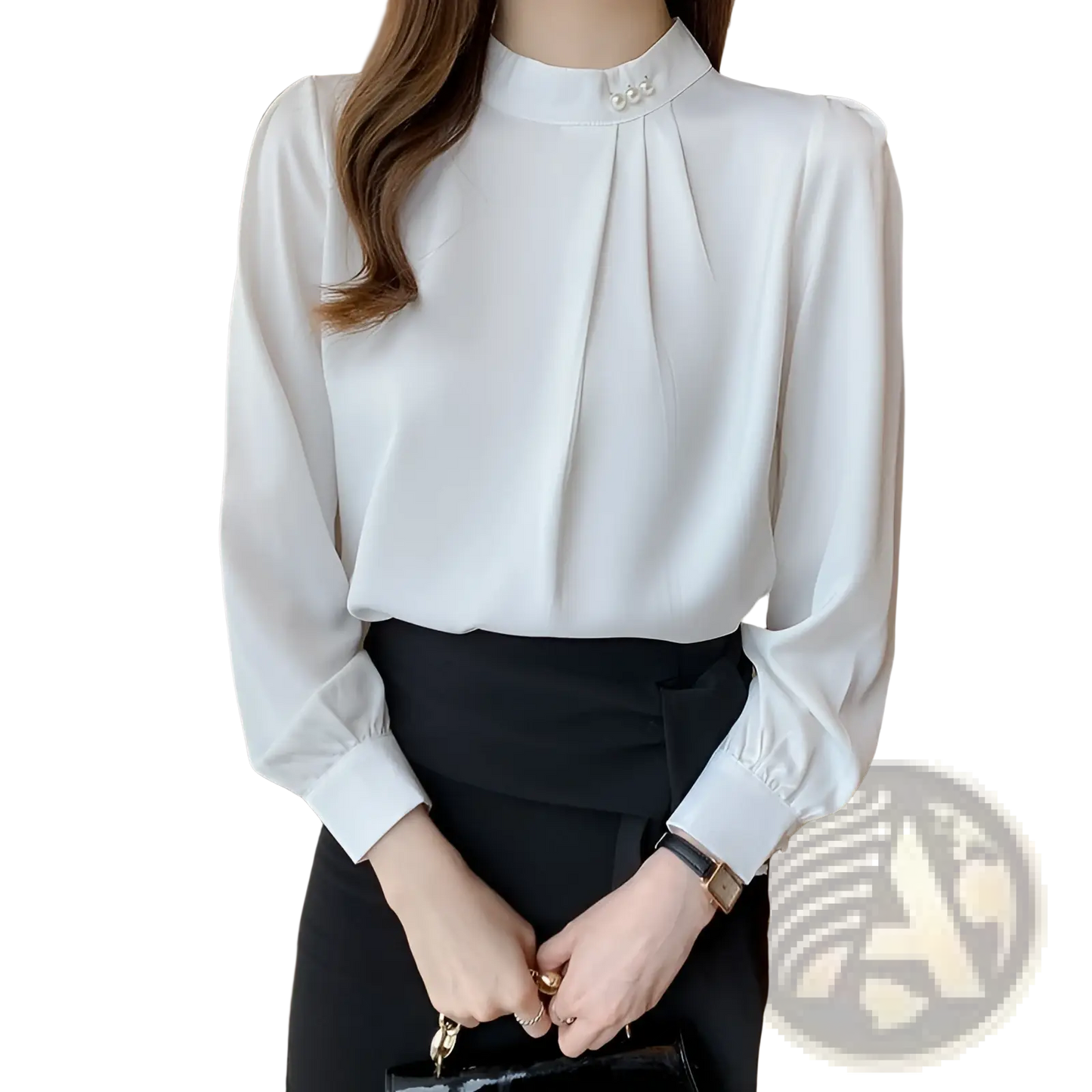 Women's Loose Satin Blouse with Pearl Button Accents