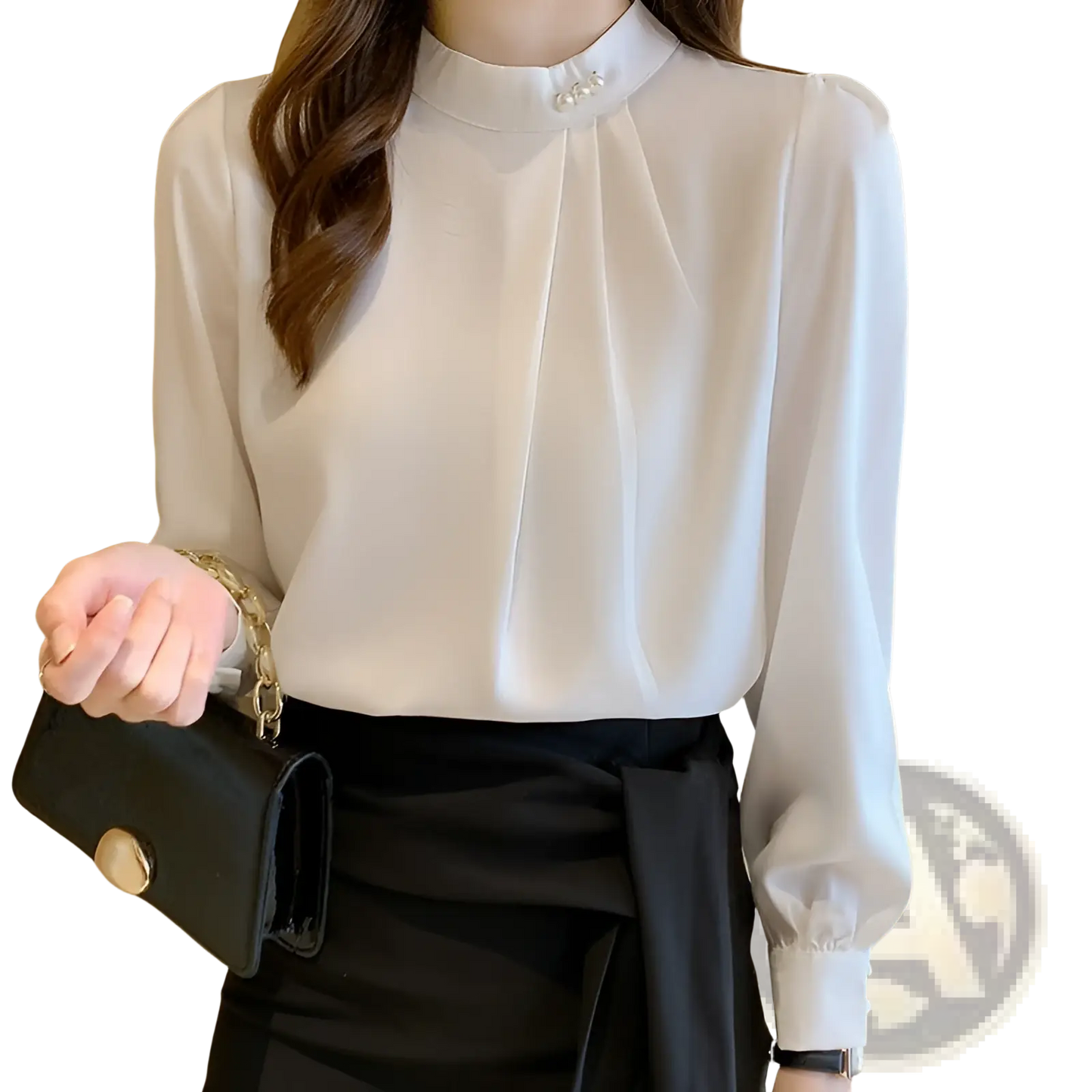 Women's Loose Satin Blouse with Pearl Button Accents