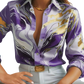 Women's Marble Print Satin Long Sleeve Button Blouse