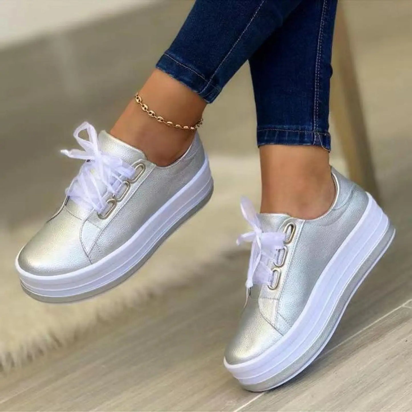 Women's Metallic Lace Up Platform Round Toe Casual Shoes