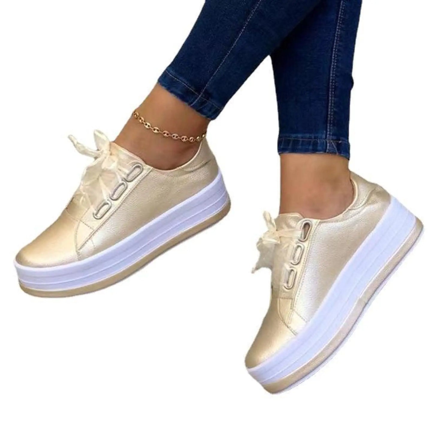 Women's Metallic Lace Up Platform Round Toe Casual Shoes