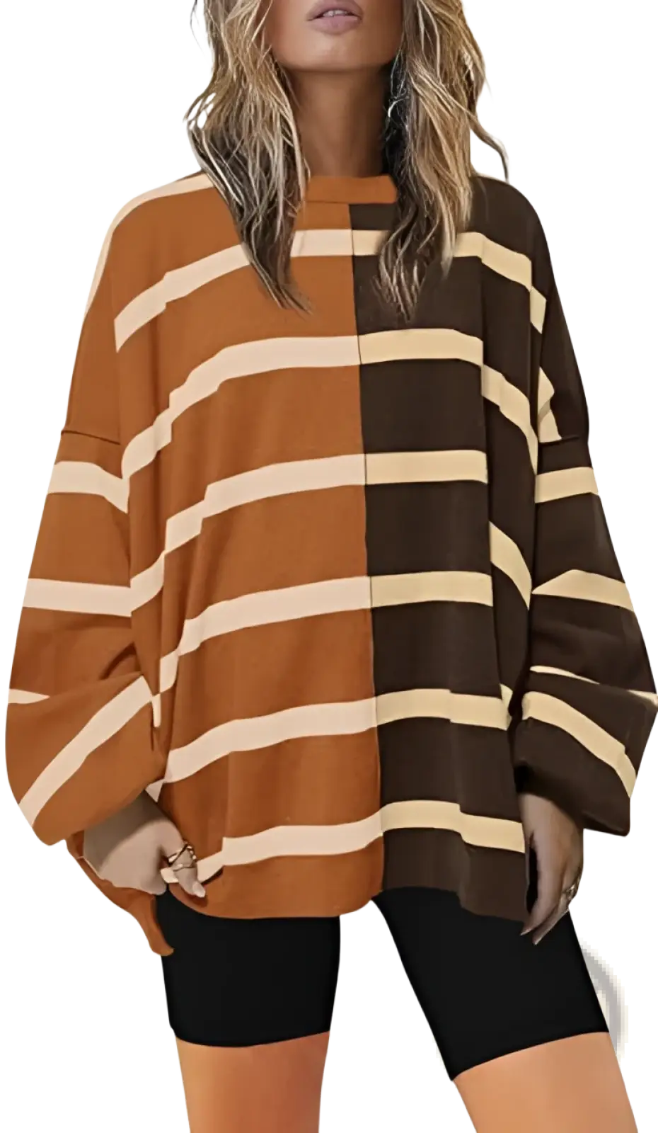 Women's Oversized Split Color Striped Knit Sweater