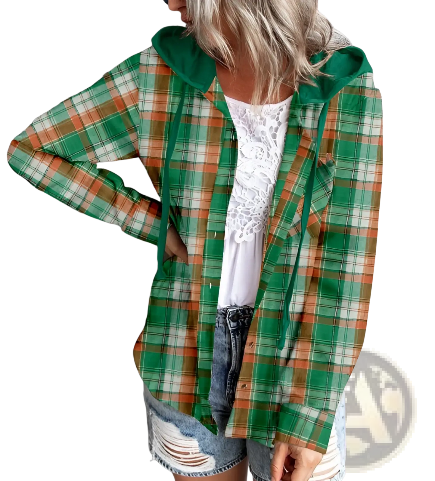 Women's Plaid Long Sleeve Hooded Button Up Shirt