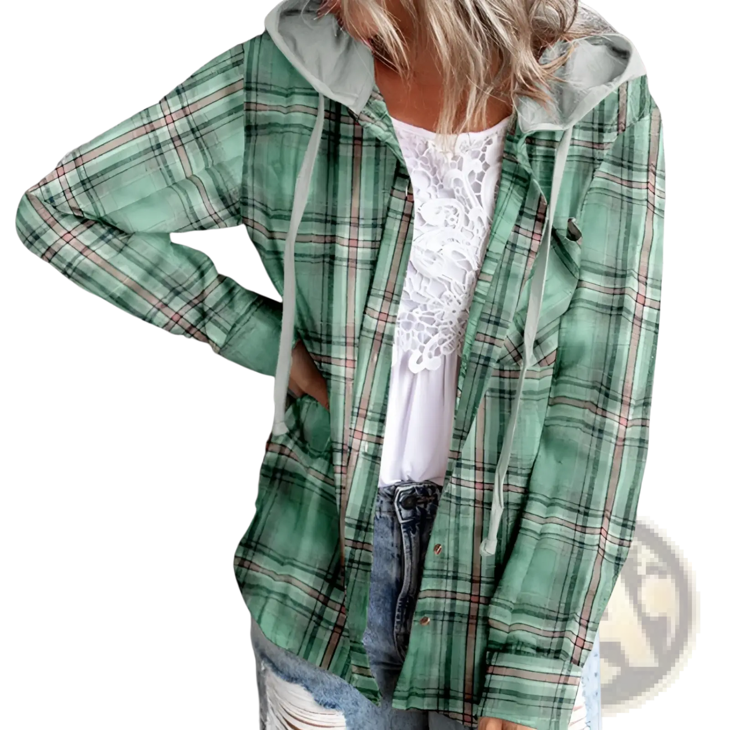 Women's Plaid Long Sleeve Hooded Button Up Shirt