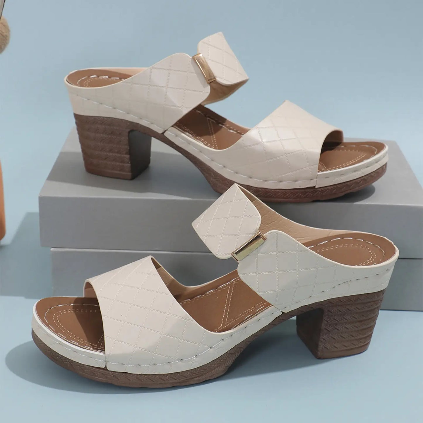 Women's Plaid Round Toe Chunky Heel Sandals