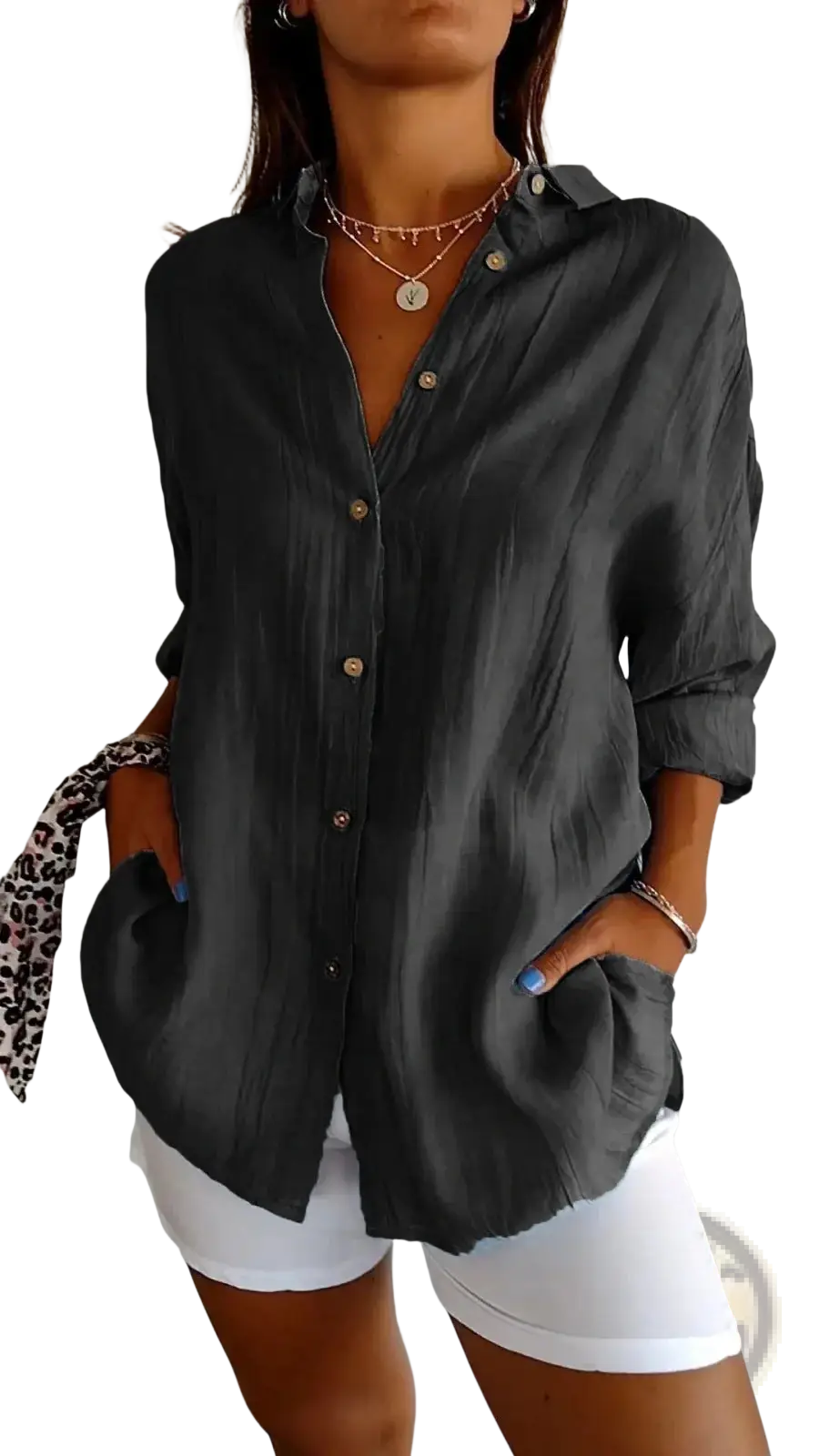 Women's Relaxed Pleated Button Up Shirt with Rolled Sleeves