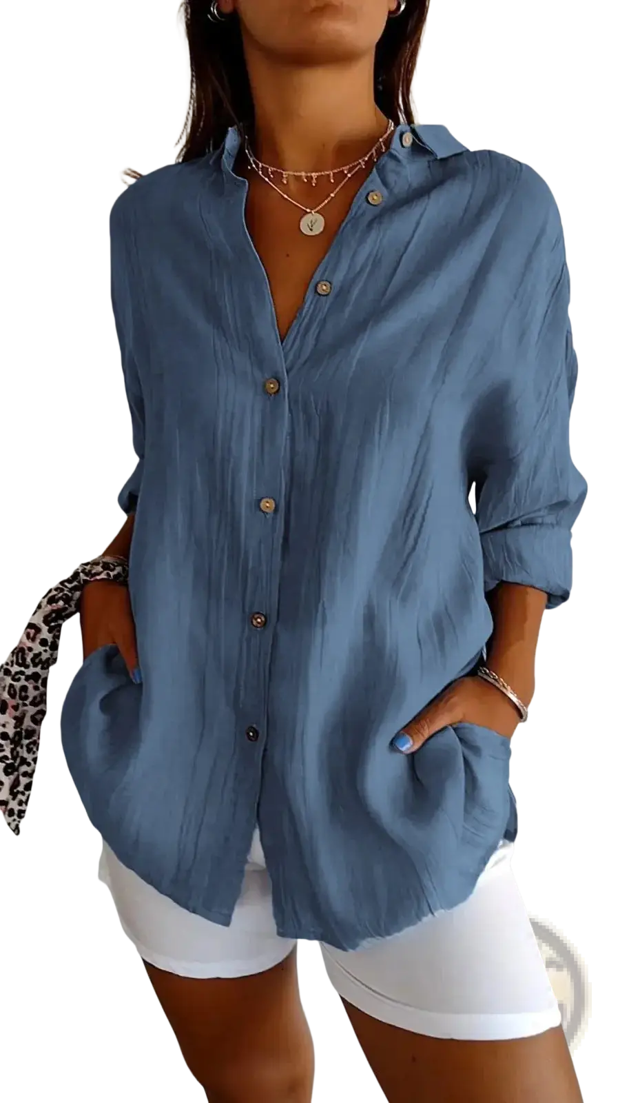 Women's Relaxed Pleated Button Up Shirt with Rolled Sleeves