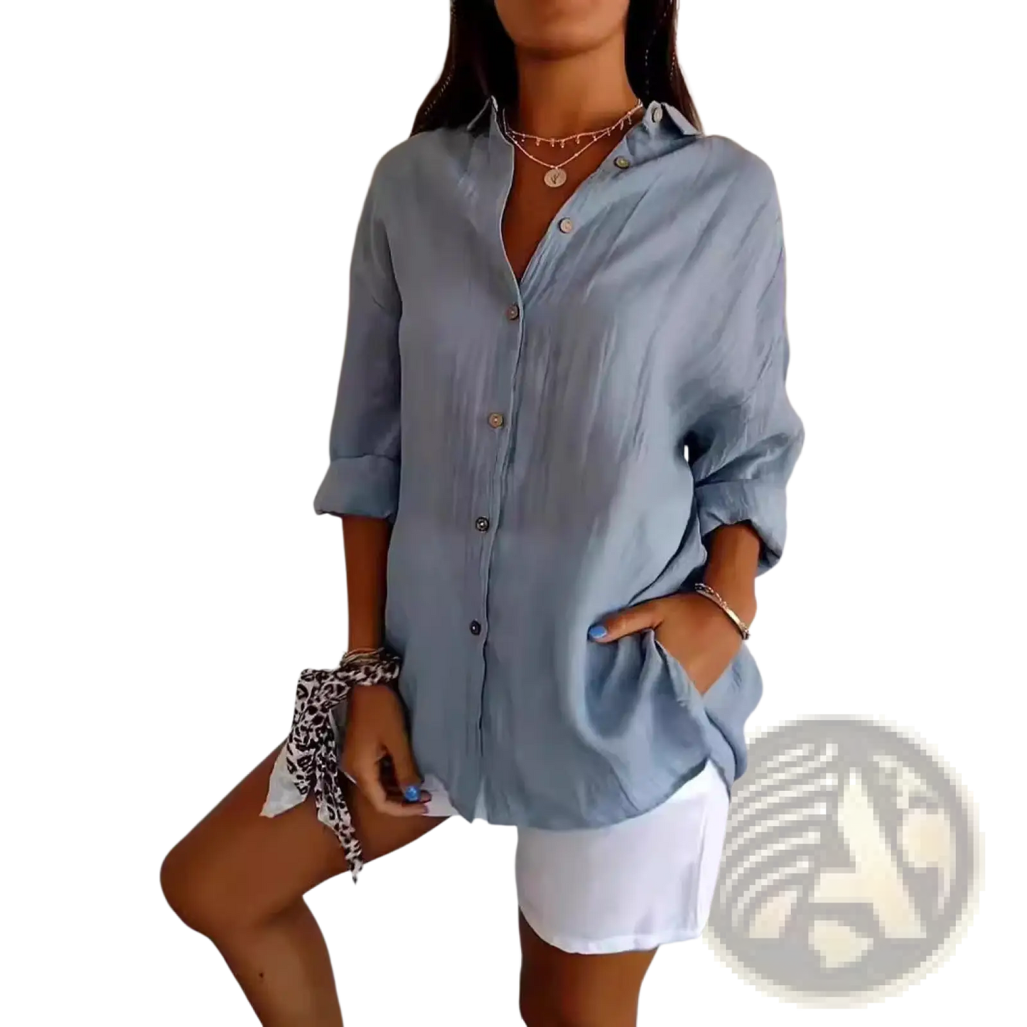 Women's Relaxed Pleated Button Up Shirt with Rolled Sleeves