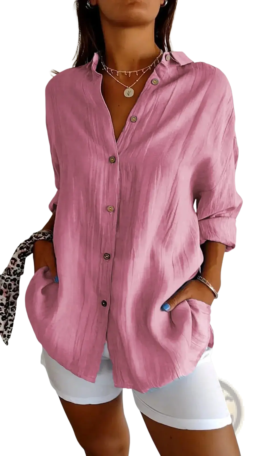 Women's Relaxed Pleated Button Up Shirt with Rolled Sleeves