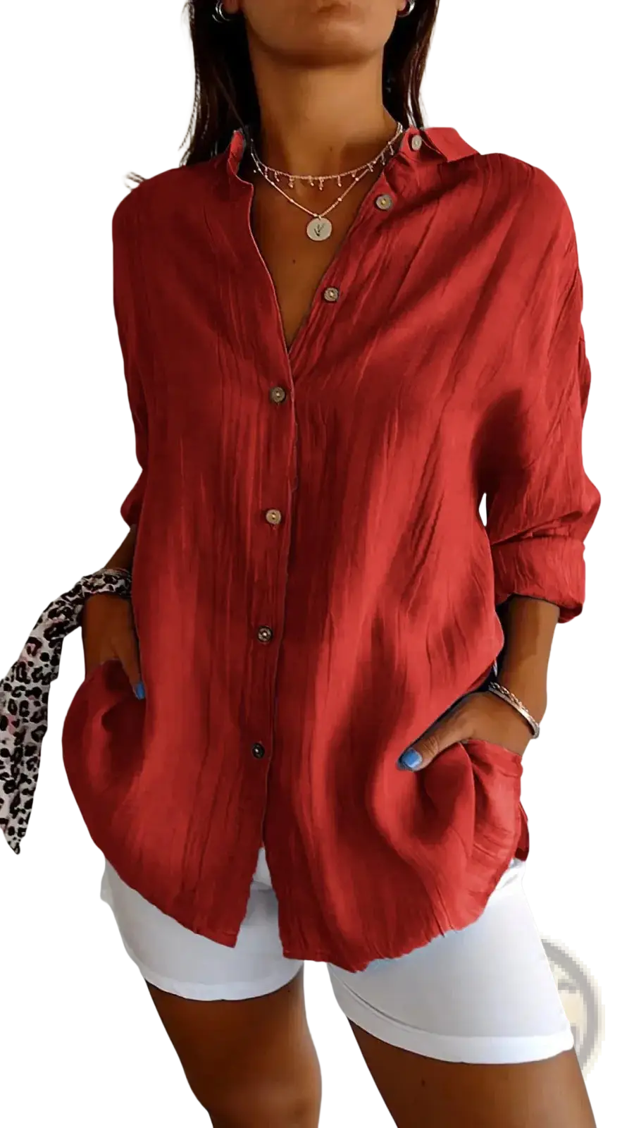 Women's Relaxed Pleated Button Up Shirt with Rolled Sleeves