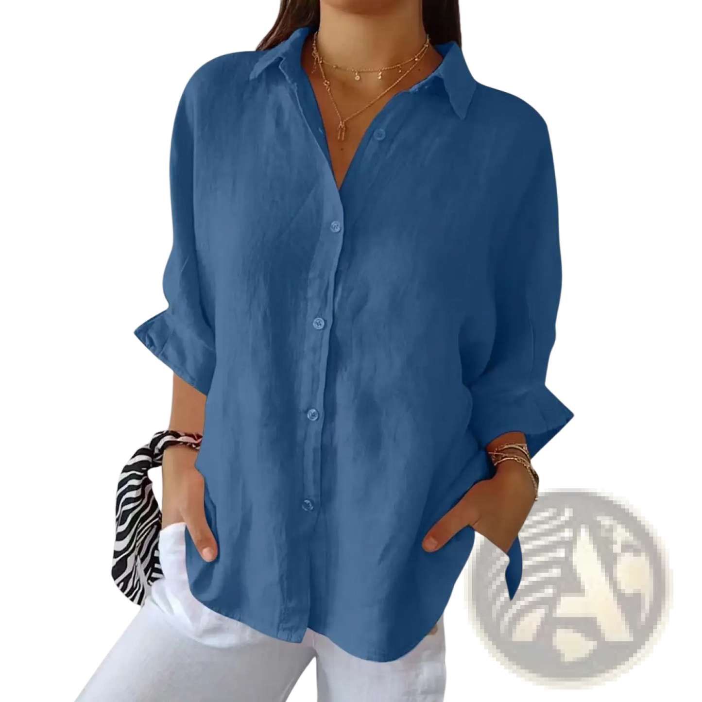 Women's Relaxed Pleated Button Up Shirt with Rolled Sleeves
