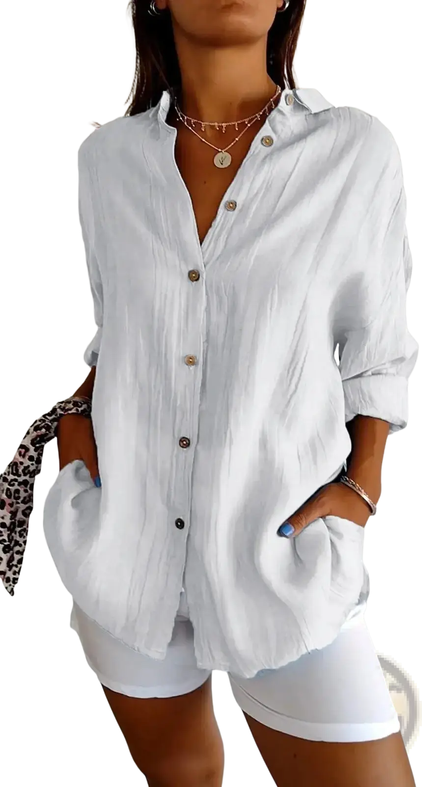 Women's Relaxed Pleated Button Up Shirt with Rolled Sleeves