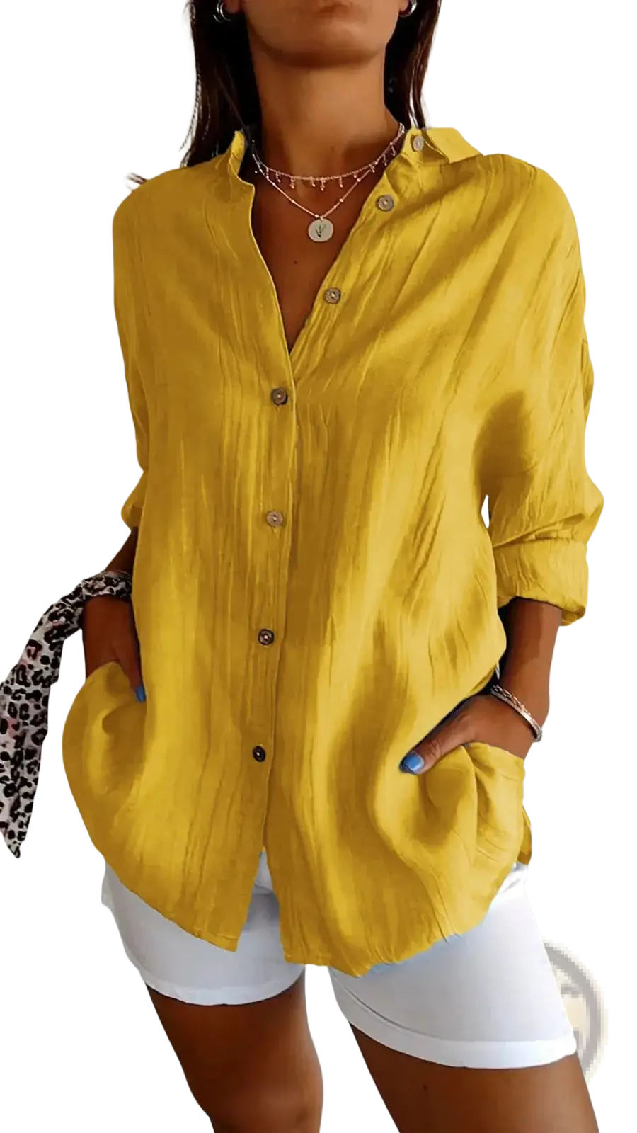 Women's Relaxed Pleated Button Up Shirt with Rolled Sleeves