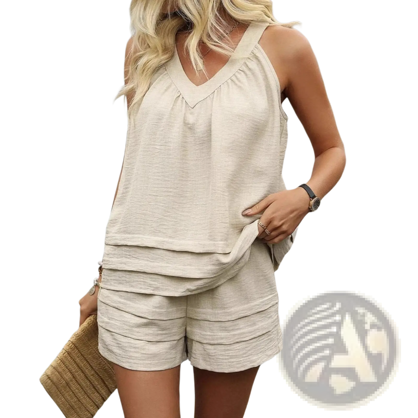 Women's Ruched V-neck Sleeveless Top and Shorts Set