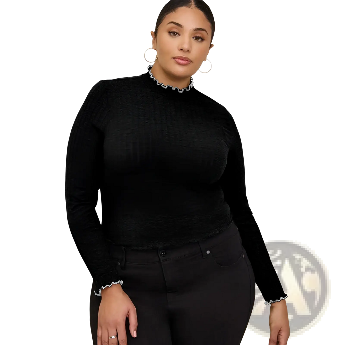 Women's Ruffled Ribbed Knit Slim Fit Mock Neck Top