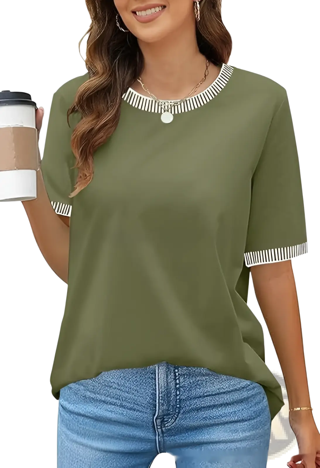 Women's Striped Ruffle Trim Short Sleeve Knit Top