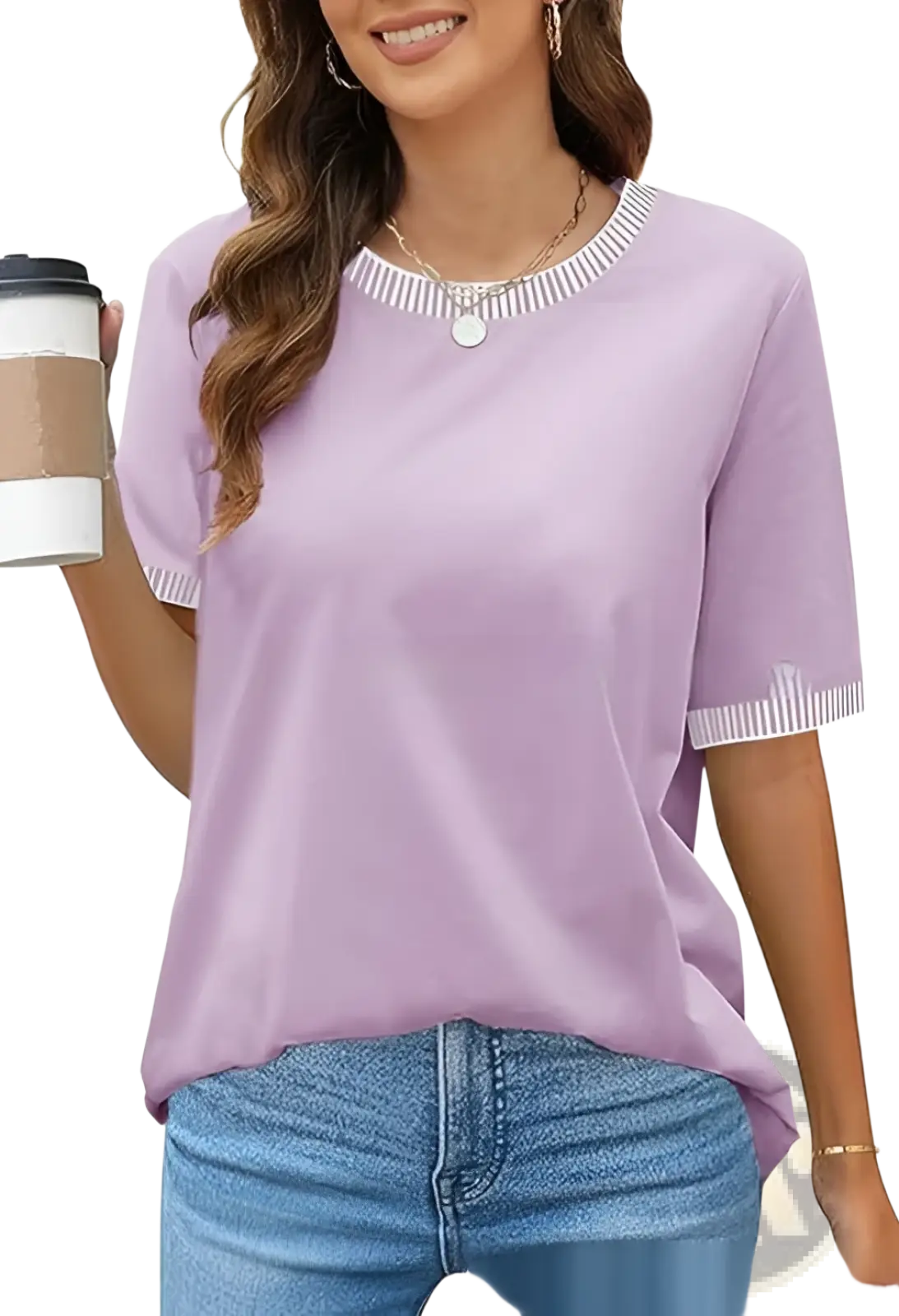 Women's Striped Ruffle Trim Short Sleeve Knit Top