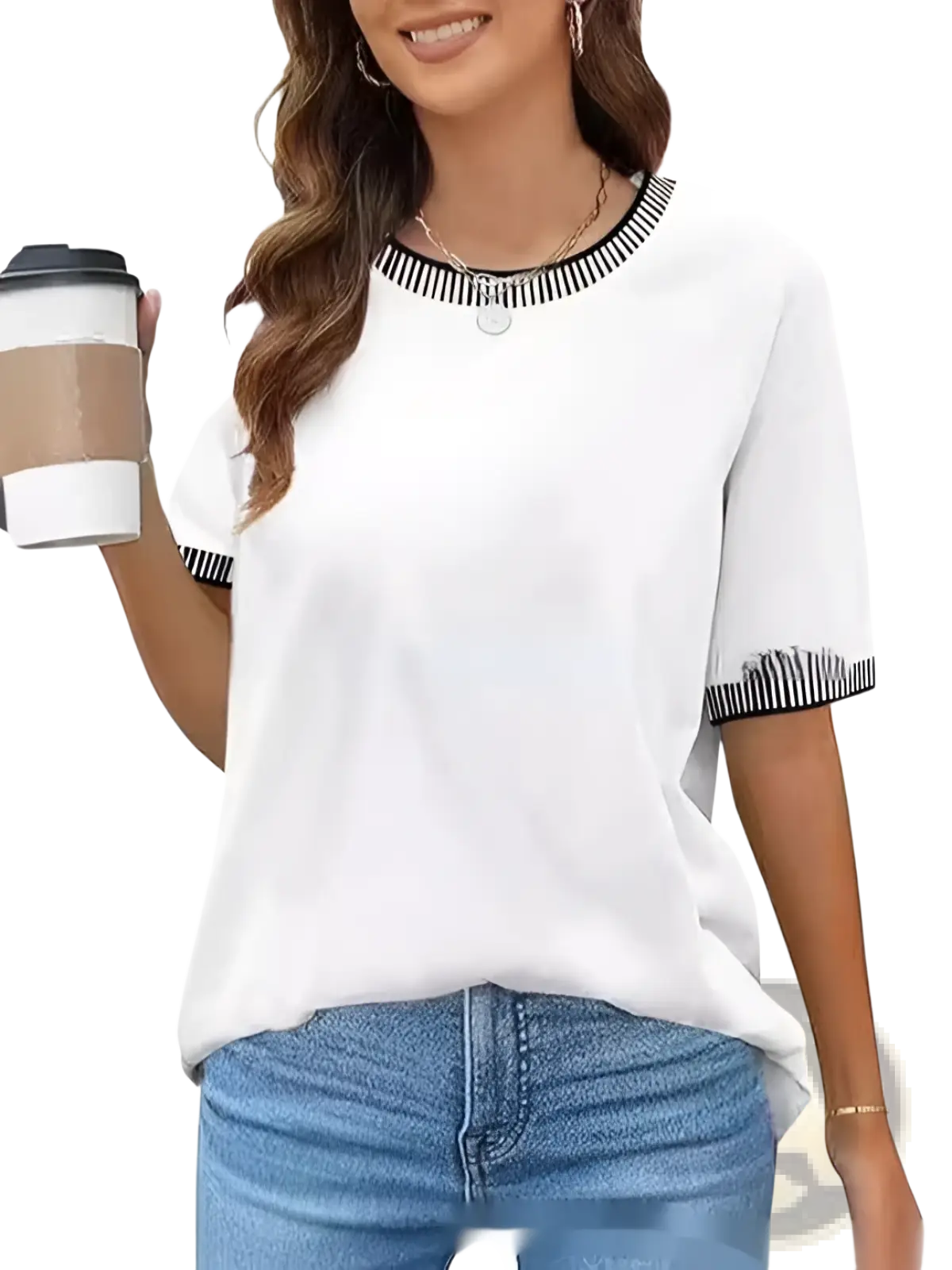 Women's Striped Ruffle Trim Short Sleeve Knit Top