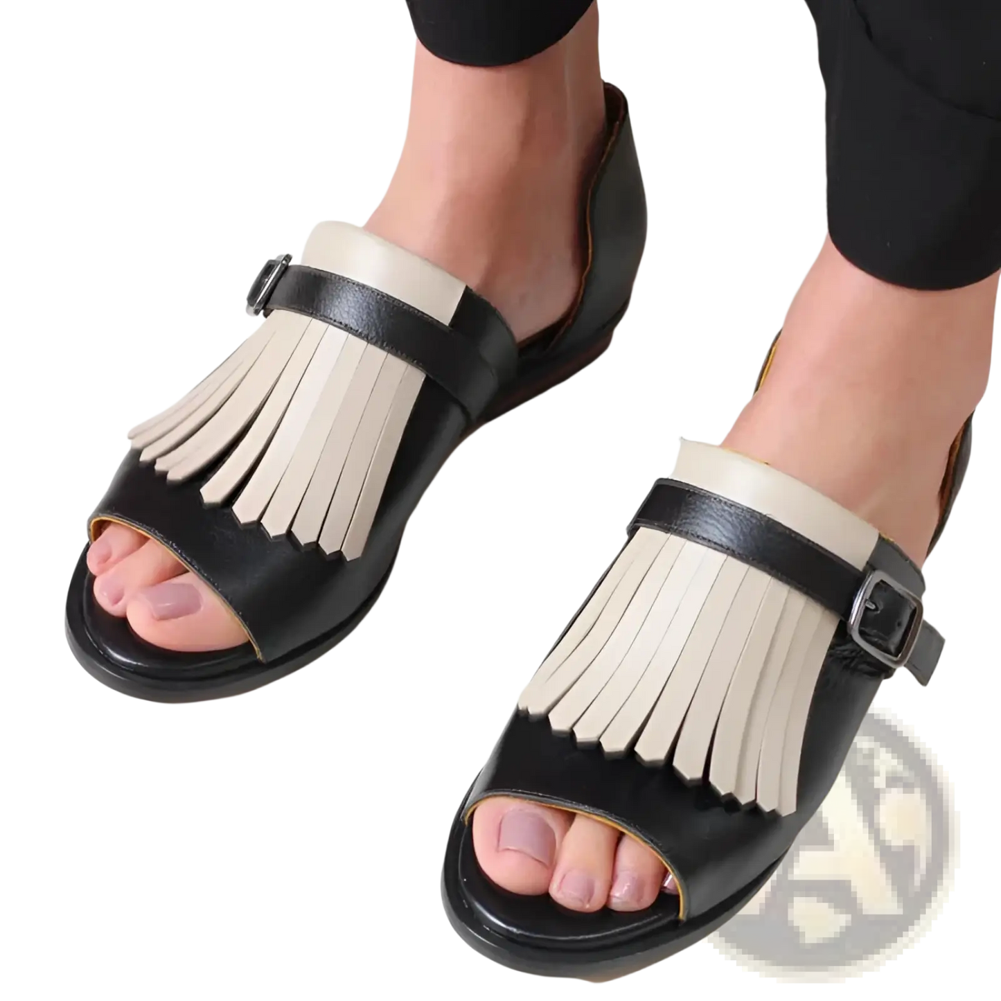 Women's Tassel Leather Beach Sandals in Black and Cream