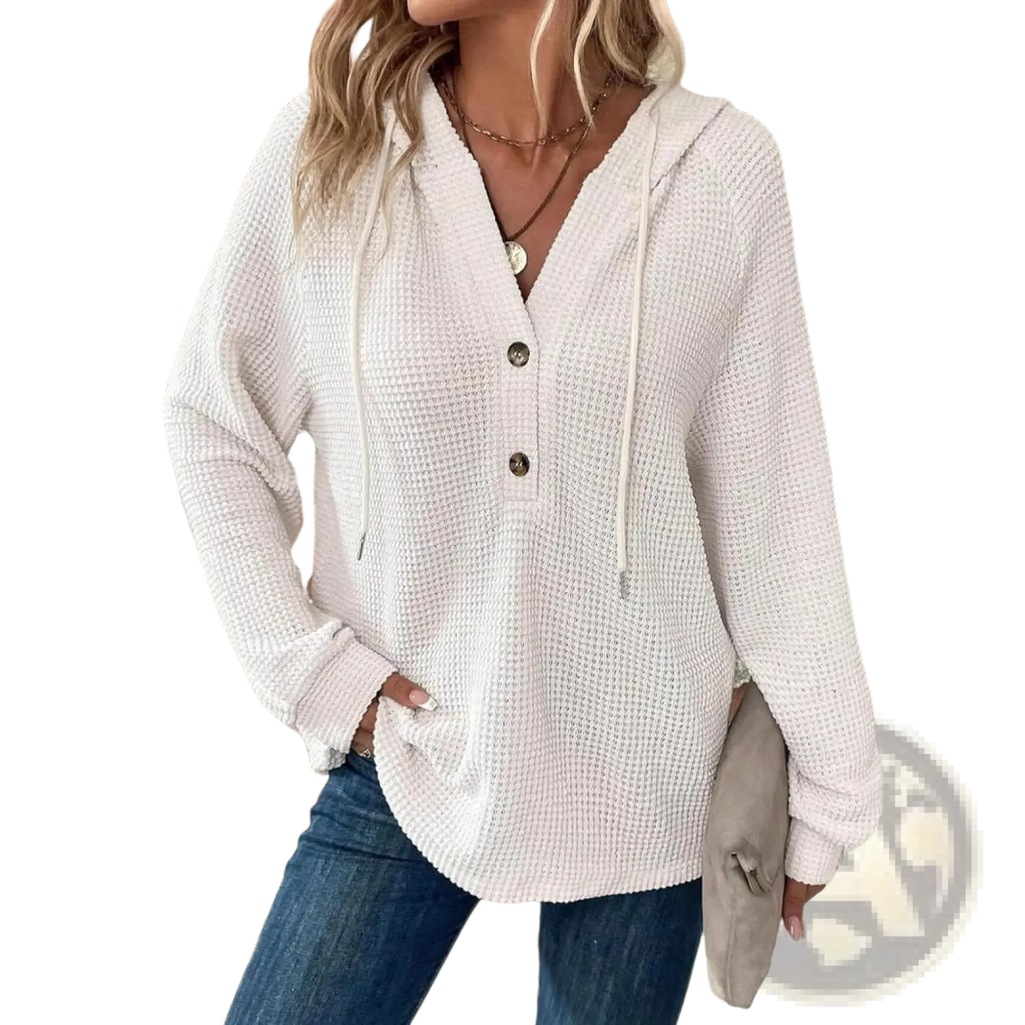 Women's v Neck Waffle Knit Button Hoodie Sweater