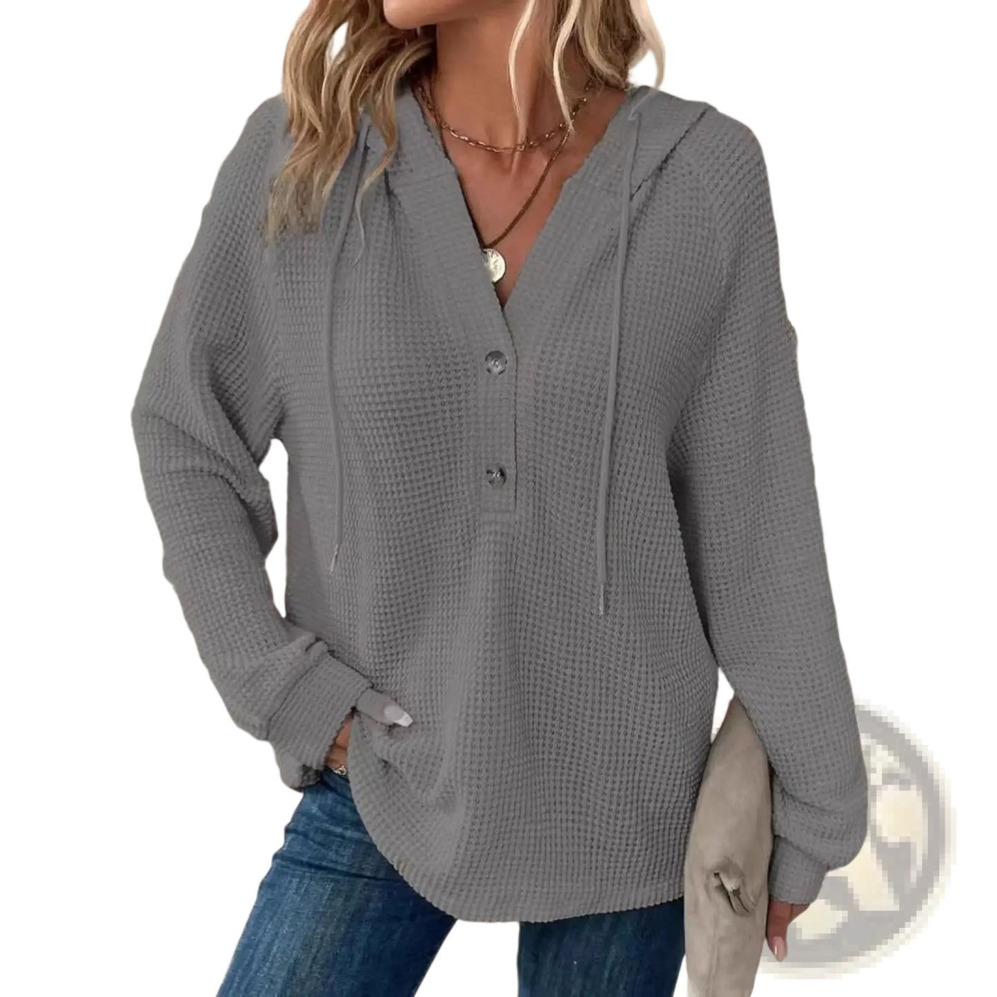 Women's v Neck Waffle Knit Button Hoodie Sweater