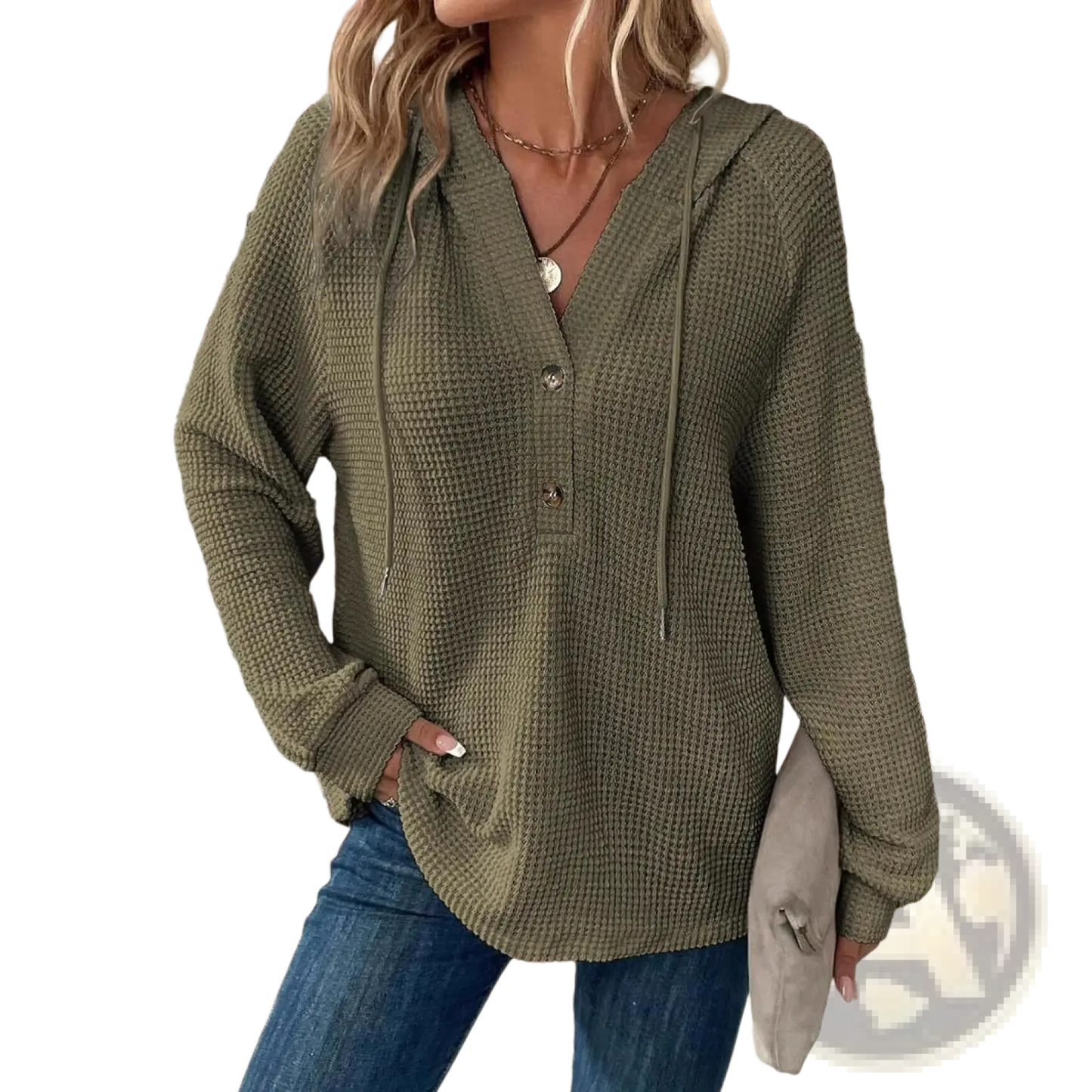 Women's v Neck Waffle Knit Button Hoodie Sweater