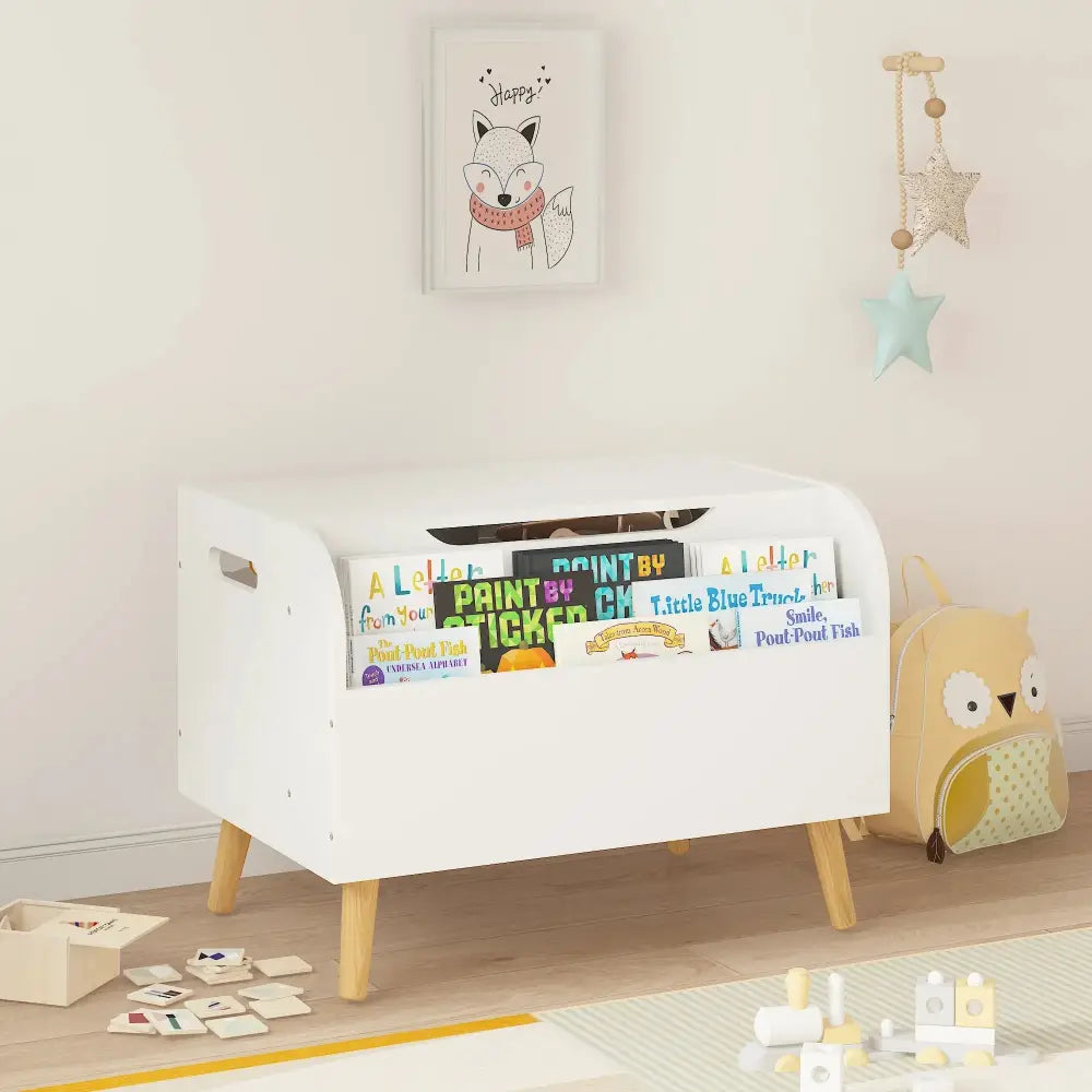 White Wooden Toy Box and Bookshelf Bench with Safety Hinge