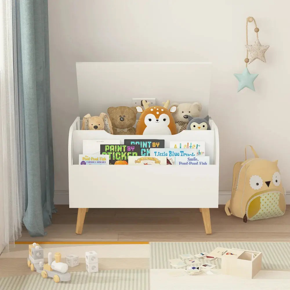White Wooden Toy Box and Bookshelf Bench with Safety Hinge